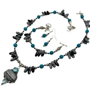 Handmade Jewelry Set - Owhyee Blue Opal, Blue Topaz -Blue Jade, Snowflake Jasper
